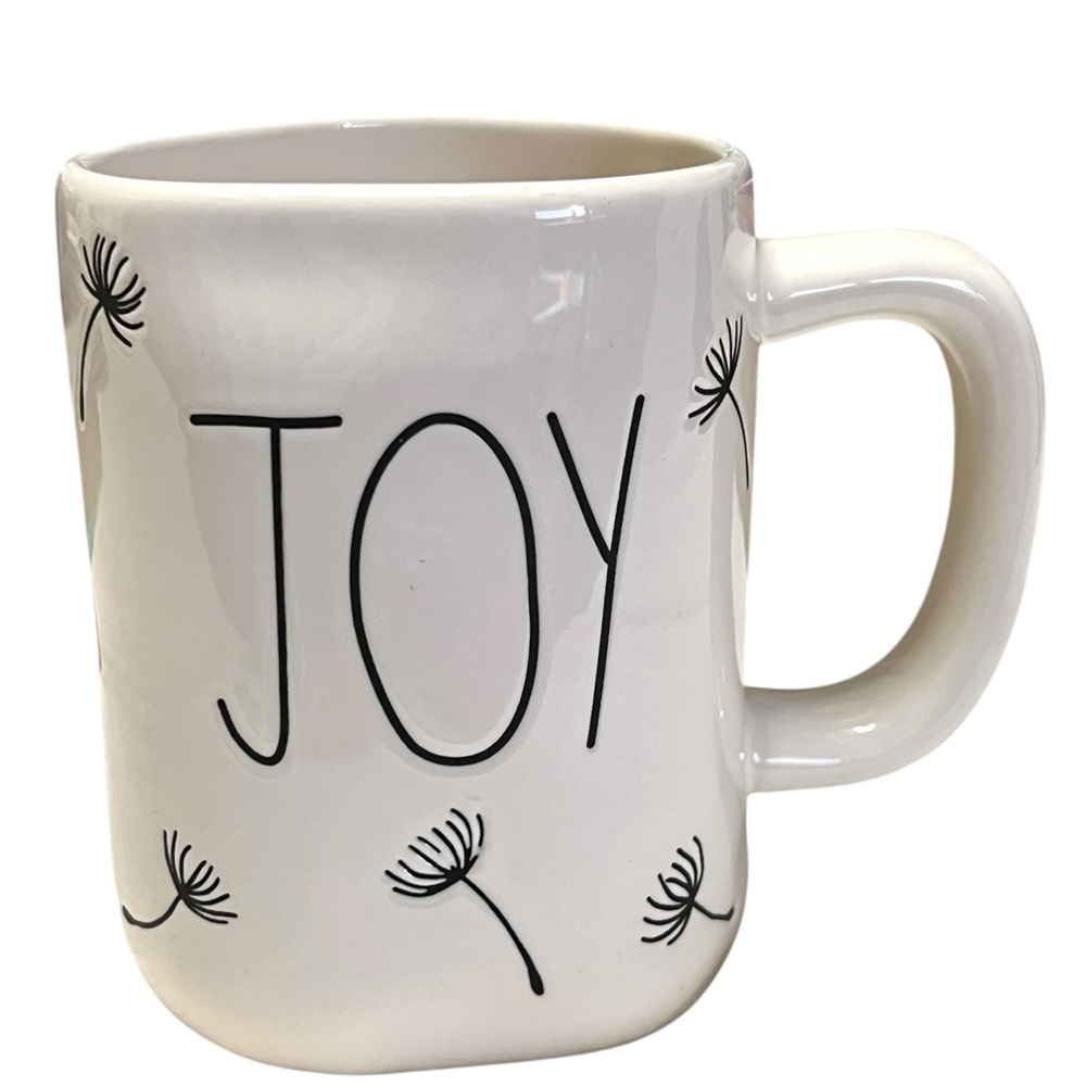 Rae Dunn White Joy Mug with Dandelion Design Farmhouse Coffee Cup Minimalist‎